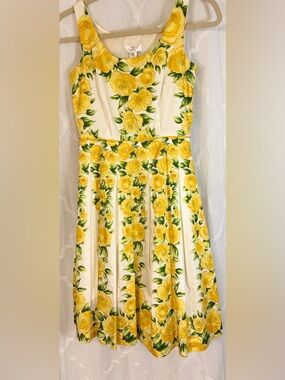 LOFT Petite Yellow Floral Fit & Flare Dress | White Rose Print Sleeveless 🌻 0P